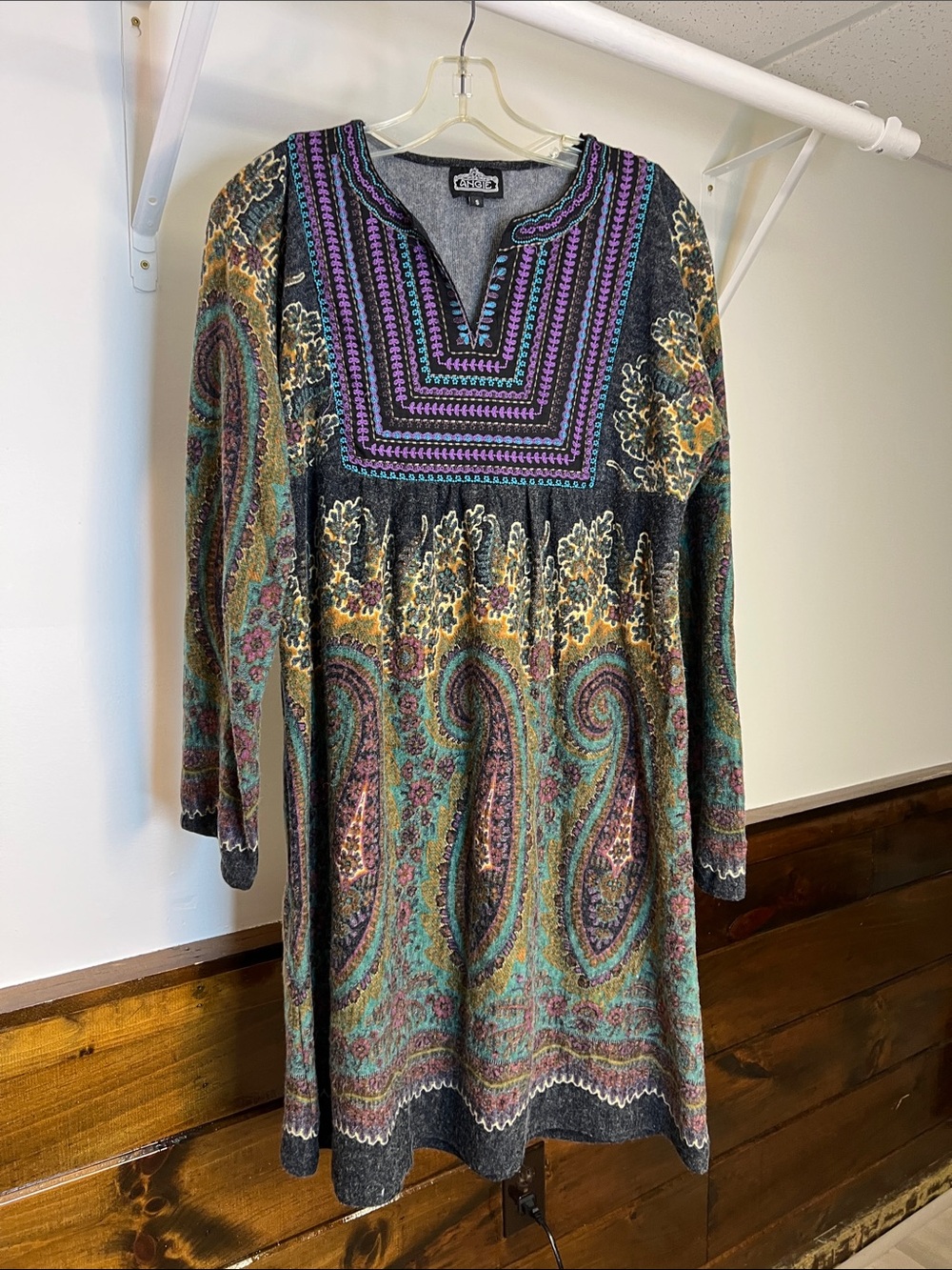 Angie Long-Sleeve Paisley Knit Dress - Black, Turquoise, Purple, Gold- S